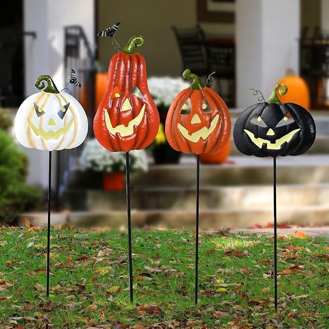 Halloween/Thanksgiving Metal Stakes Pumpkin, Jack o Lantern Spooky Faces Smile with Luminous Effect, Garden Yard Signs, Halloween Pumpkins Outdoor, Pumpkin Decorations Outdoor,Set of 4
