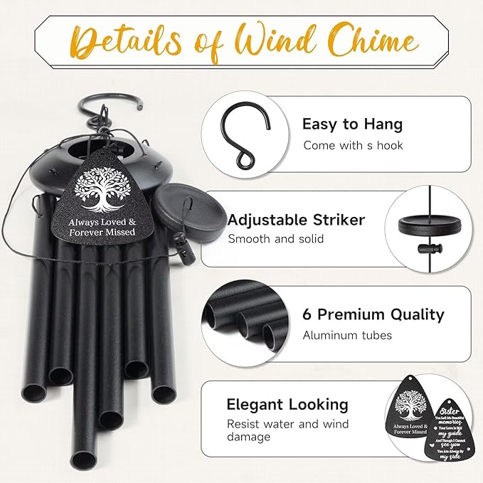 Memorial Gifts for Loss of Sister, 25''Memorial Wind Chimes of Sympathy Gifts for Loss of Sister,Condolence/Bereavement/Remembrance Gift,Windchimes in Memory,Funeral Decor for Garden Outside,Black