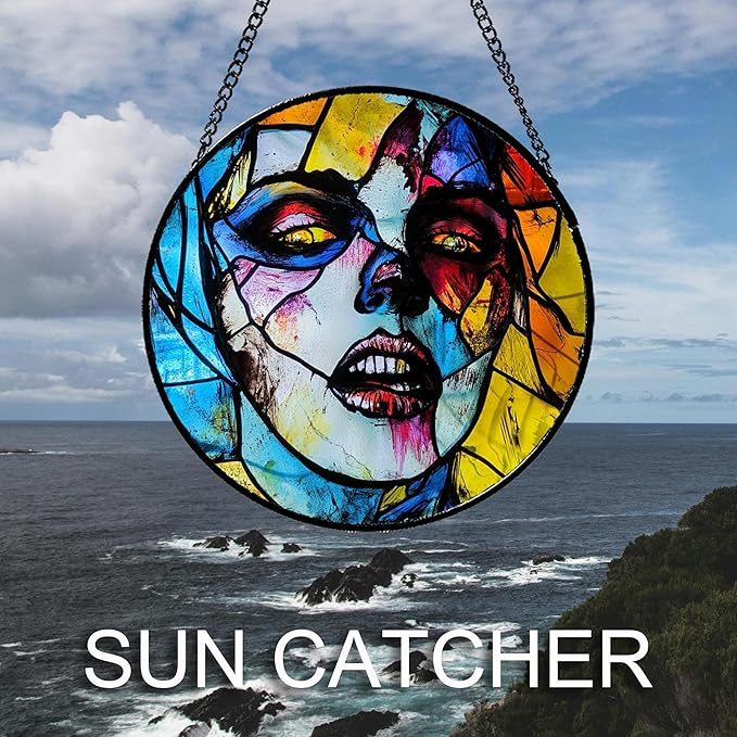 Stained Glass Window Hanging Halloween Horror Night Bloodstained Face 6.3" - Suncatcher Door Garden Sun Catcher Gothic Decor Birthday Evil Funny Gift for Mom Woman Nana Friend Men