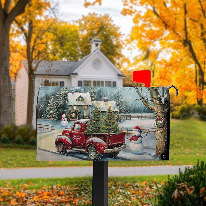 Winter Red Truck Mailbox Covers Magnetic Standard Size 21x18 inch Christma Tree Mailbox Covers Snowman Mail Box Wraps for Outside Garden Yard