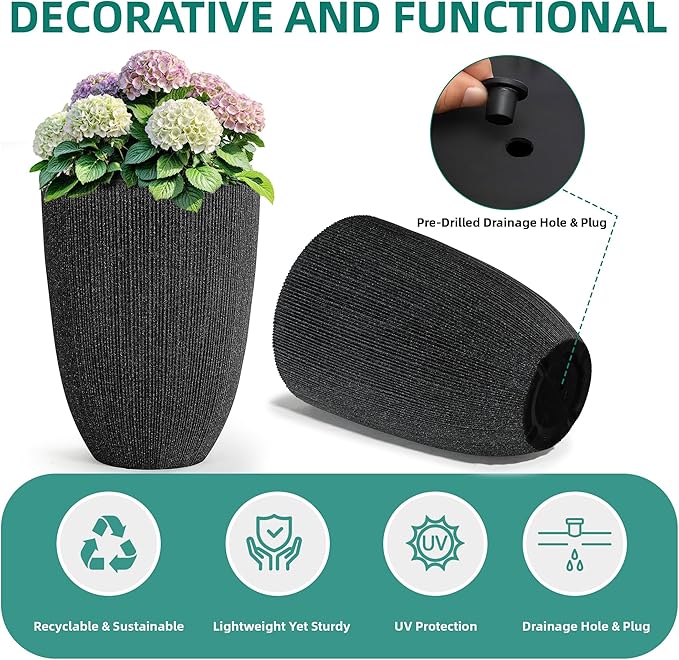 19.1" H Mediterranean Black Round Planter for Outdoor Plants,Set of 2 Large Flower Pot with Drainage Hole,Weather-Resistant for Porch,Garden,Patio or Indoor Use, Ideal for Christmas Decoration.