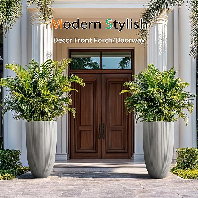 Tall Planters for Outdoor Plants, Large Concrete Flower Pots for Garden Front Porch, Patio, Indoor (Vertical Gray, 24 inch)