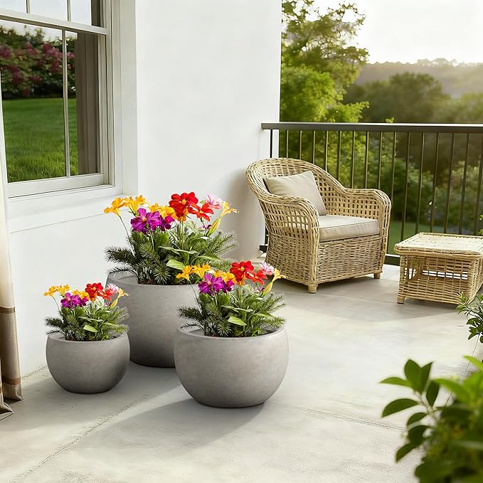 Kante 19.9",15.7",11.8" Dia Round Concrete Planter Set of 3, Outdoor/Indoor Large Bowl Plant Pots with Drainage Hole and Rubber Plug for Garden Patio Balcony Home, Weathered Concrete