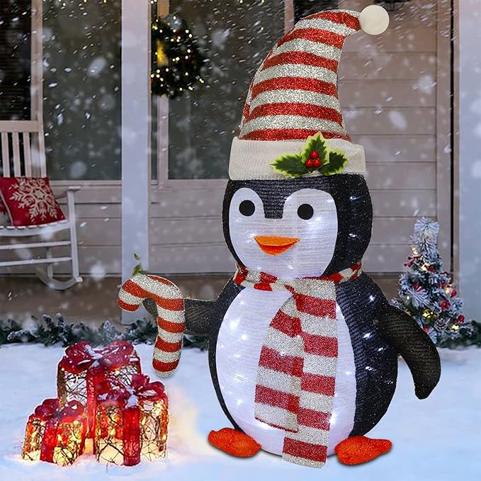 Juegoal Lighted Christmas Penguin Decorations, 2.5FT / 30Inch Outdoor Collapsible Black Penguin with Built-in Lights, Pre-Lit Pop Up Xmas Red Hat Penguin, Light Up for Holiday New Year Winter Decor