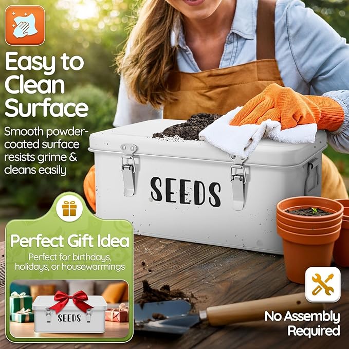 Flexzion Seed Saving Box - Metal Seed Storage Organizer Box with Lid, 4 Spacious Compartments Storage Bin for Garden Tools & More with Safety Locks, White