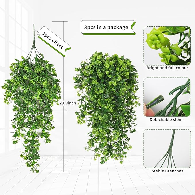 SJL Fake Hanging Plants 3pcs Hanging Plants with Flowers Artificial Greenery Faux Ivy Vine Leaves UV Resistant Plastic Plant Faux Greenery Vine Plant for Wall Home Indoor Outdoor Decor (Green)
