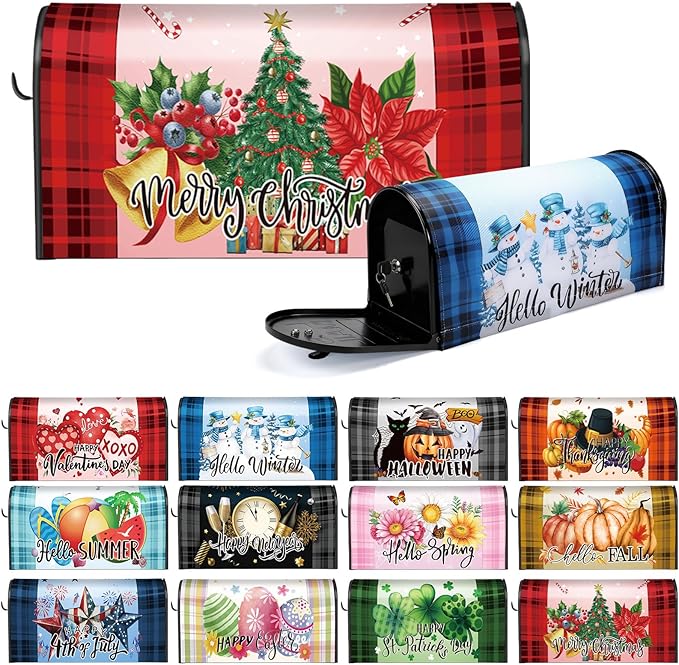 12 Pcs Seasonal Mailbox Covers Magnetic Standard Size 18 x 21 Inch Shamrocks Easter Spring Summer Fall Winter Magnetic Mailbox Covers for Garden Yard Outdoor Decor(Plaid Style)