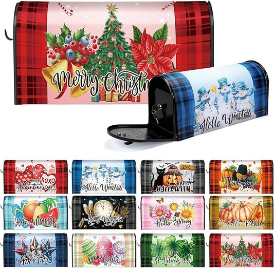 12 Pcs Seasonal Mailbox Covers Magnetic Standard Size 18 x 21 Inch Shamrocks Easter Spring Summer Fall Winter Magnetic Mailbox Covers for Garden Yard Outdoor Decor(Plaid Style)
