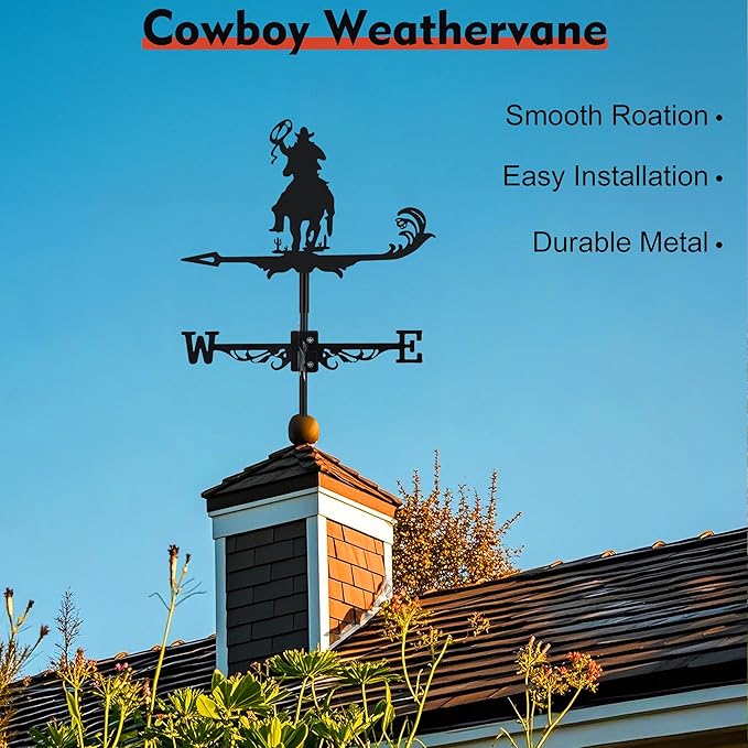 Cowboy Weather Vane, Black Metal Weathervane Roof Mount, Wind Vane Ornament Decoration for Shed Garden Yard Farmhouse Patio Decor, Wind Direction Indicators Wind Measuring Tool Outdoor