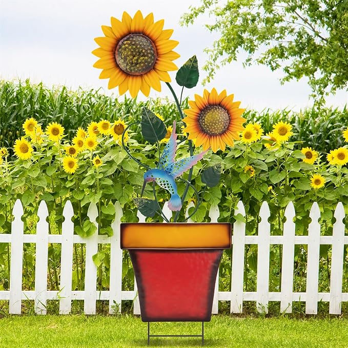 pearlstar Sunflower Decorative Garden Stake 44 Inches Large Metal Art Outdoor Yard Decor Flower Pot Design for Outside Garden Lawn Patio Proch Ornaments，Hummingbird