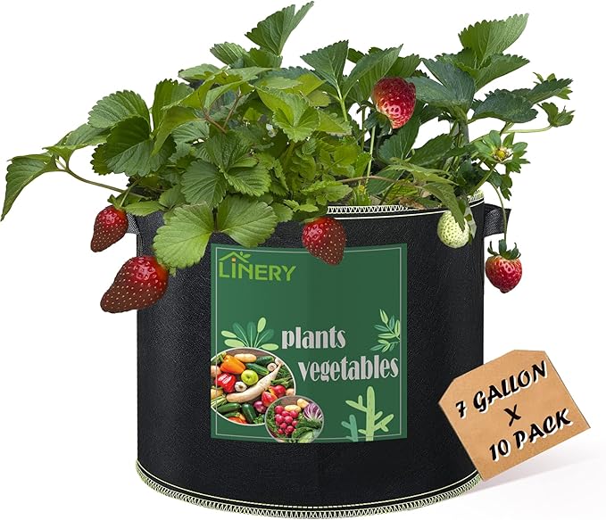 LINERY 10-Pack 7 Gallon Grow Bag Planting Black Heavy Duty Thickened Grow Bag with Handles Non-Woven Fabric Plant Pots (10-Pack 7 Gallon)
