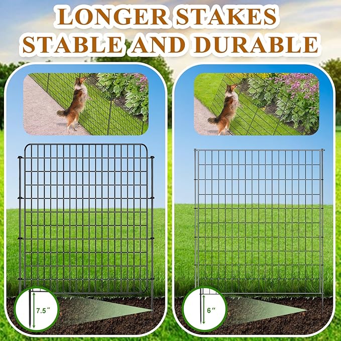 10 Panels Dog Fence Outdoor for Yard, 36 in(H) X 25 ft(L) Decorative Garden Fence Rustproof No Dig Animal Barrier Fencing Metal Wire Panel Border Patio Rabbits Ground Stakes