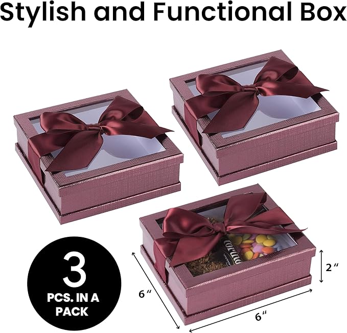 Hammont Clear Window Gift Boxes - 3 Pack - Multipurpose Bakery Boxes with Ribbon | Treat Boxes Perfect for Party Favors, Cookies and Cupcakes (Maroon, 6” x 6” x 2”)