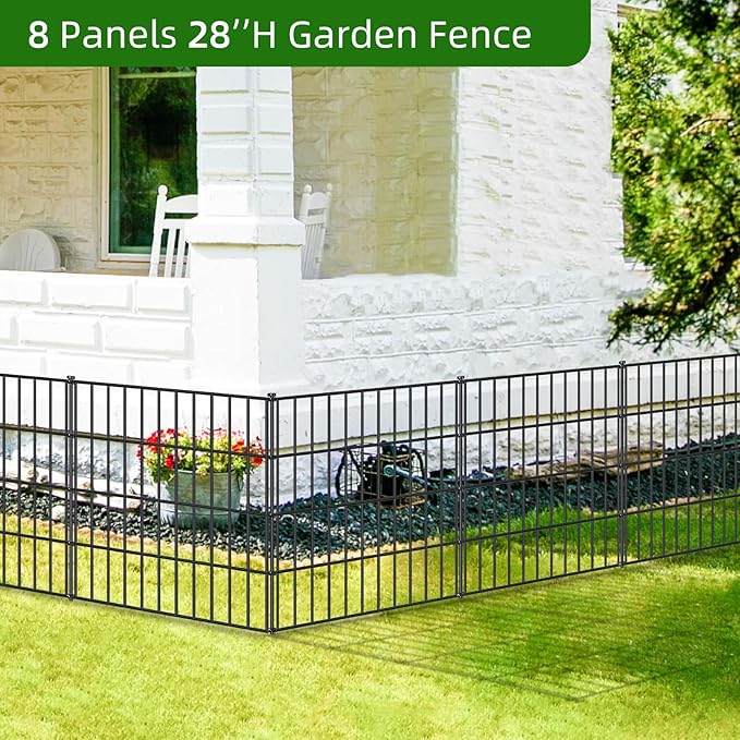 Metal Garden Fence 28in (H) x 23.3ft (L), 10 Panels + 11 Stakes Dog Fence Border Fence Animal Barrier, No Dig Garden Fencing for Yard Flower Bed Lawn Patio Outdoor, PIN282810 Black