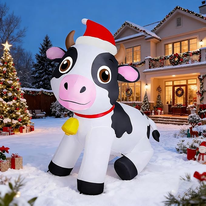 Lulu Home 6FT Christmas Inflatables Cow, Giant Blow Up Dairy Cattle Wearing Santa Hat with Built-in LED Lights, Air-Blown Highland Cow Decoration for Yard Indoor Outdoor Xmas Holiday Display