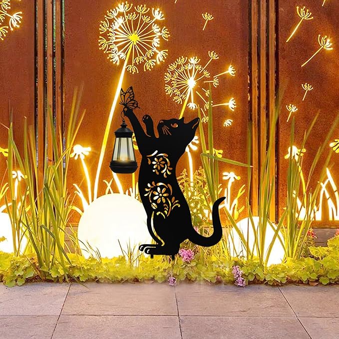 Solar Lights Outdoor Garden Decor - Metal Cat Holding Lantern Stake, Waterproof Solar-Powered Pathway Light for Yard, Pathway, Lawn, Patio - Unique Gift for Cat Lovers Halloween Christmas Garden Decor