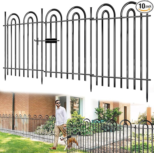 10 Panels Garden Tube Fence with Gate, 36in(H)×21.6ft(L) Tall No Dig Fence Animal Barrier, Heavy Duty Metal Decorative Garden Edging Border, Ground Defense Temporary Fencing for Outdoor Yard, Black