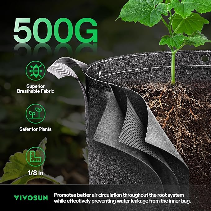 VIVOSUN 5-Pack 25 Gallon Grow Bags, 500G Thick Nonwoven Fabric Pots with Strap Handles, Multi-Purpose Rings, for Low Stress Plant Training Fruits, Vegetables, and Flowers