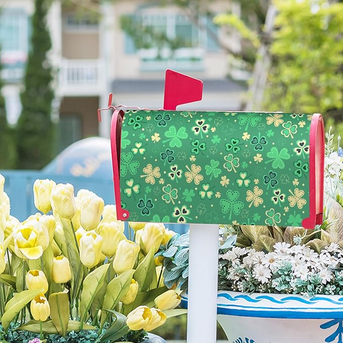 St Patrick's Day Magnetic Mailbox Cover - Standard Size 21 X 25.5 Inch Green Gold Shamrock Design - Post Box Wrap for Outdoor Garden Home Yard Decoration