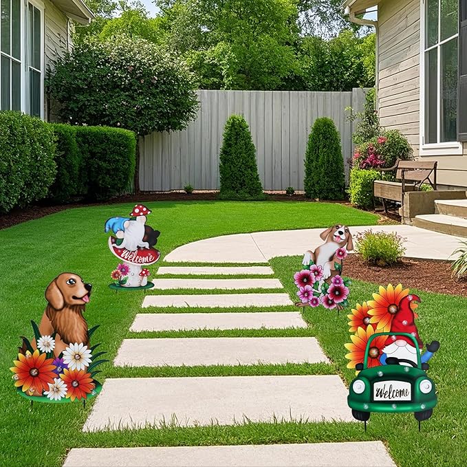 WONDER GARDEN Decorative Garden Stakes - Lighted Mushroom and Gnome Yard Sign Stakes with Flower, Spring Signs for Outdoor, Porch, Yard,Flower Bed Decor (Battery Operated)