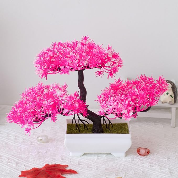 Mini Artificial Bonsai Tree Plants with Plastic Cement Pots for Home Office Décor(Pink)