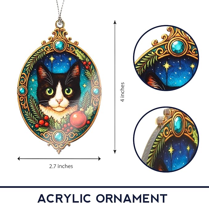 Cat Ornament – Tuxedo Cat Decor – Pet Lover Ornament – Holiday Tree Decoration – Suncatcher Effect Stained Glass Window Hanging – Car Hanging