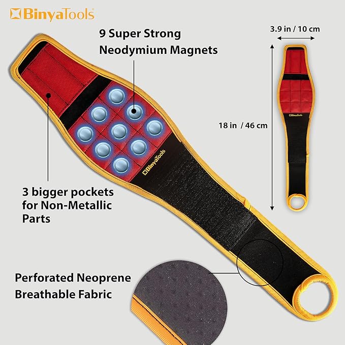 BINYATOOLS Magnetic Wristband for Tools Magnet Screw Holder Wrist Support Keeps Screws Nails Drill Bits Handy Unique Tool Gadgets for Men's & Dad Perfect Christmas Gifts Stocking Stuffers (RED)
