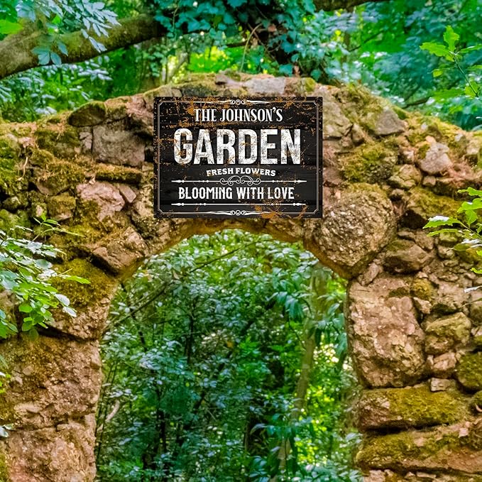 Custom Garden Blooming With Love Sign, Christmas Season, Personalized Name For Backyard/Flower Garden Décor Sign, 10x14 Inches, Rust Free .040 Aluminum, Fade Resistant, Made in USA by Sigo Signs