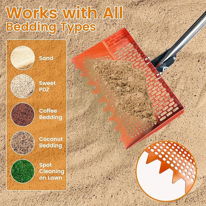 Chicken Poop Scooper for Chicken Coop 304 Stainless Steel Adjustable Angle Durable Sand Sifting Litter Shovel for Farm Animals Cleaning Tools (Orange)