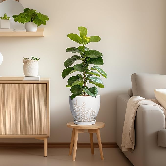 8 Inch Plant Pot with Saucer - Ceramic Planter with Drainage for Indoor Plants, Boho Round Flower Pot, Desk Room Home Office Decor, Housewarming Gift, White