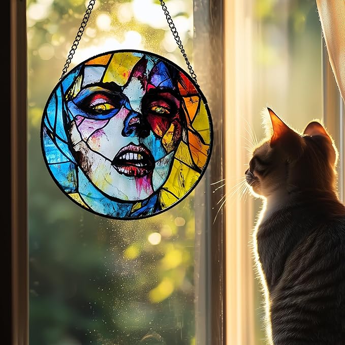 Stained Glass Window Hanging Halloween Horror Night Bloodstained Face Large 15" - Suncatcher Door Garden Sun Catcher Gothic Decor Birthday Evil Funny Gift for Mom Woman Nana Friend Men