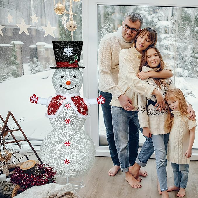 4FT Lighted Snowman Outdoor Christmas Decoration, Collapsible Snowman with Red Scarf and Vest and Top Hat, Pre-Lit Pop Up Snowman for Indoor/Outside Yard (Red)