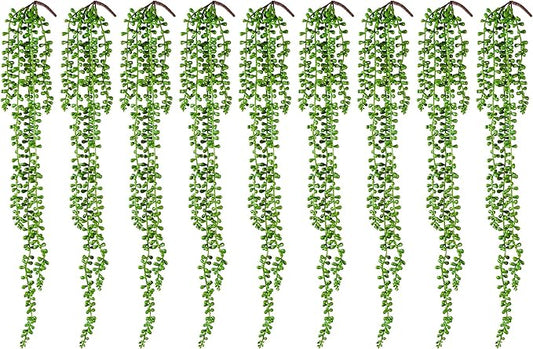 9PCS Artificial Succulents Hanging Plants,27.5 Inch Fake String of Pearls Greenery Plants 5 Branches for Fall Home Garden Office Party Balcony Wall Indoor Outdoor Autumn Decoration