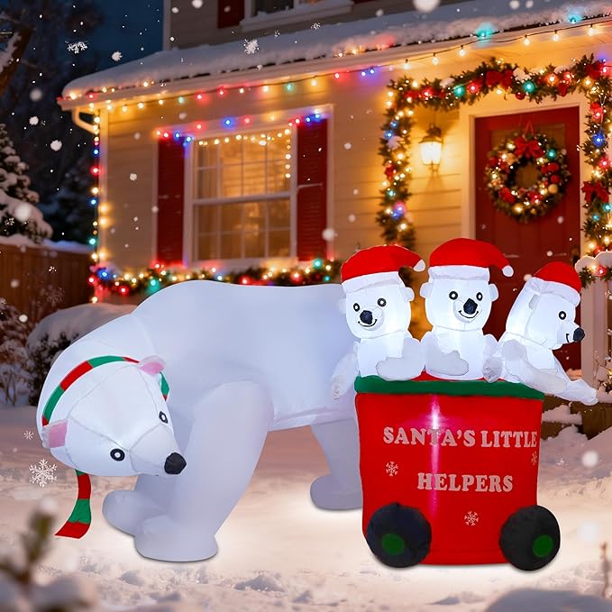 DR.DUDU 7 FT Christmas Inflatables Polar Bear with Santa Hat, Christmas Bear Blow up Outdoor Decorations for Lawn Garden Yard Xmas Holiday Party