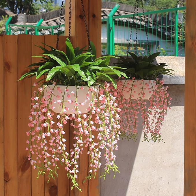 alyptus Hanging Planters for Indoor Plants Fake Flowers - 2-Pack Artificial Hanging Lily of The Valley with Pot - White Faux Flowers in Planters for Indoor Décor