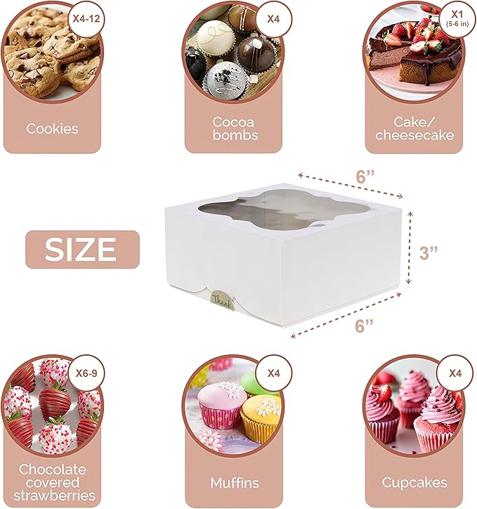 30 Pack 6x6x3 Bakery Boxes with Window – Small Cookie Boxes for Gift Giving – Treat Boxes for Small Cake, Pastry, Strawberries, Dessert, Candy, Charcuterie, Baked Goods and Food (White)
