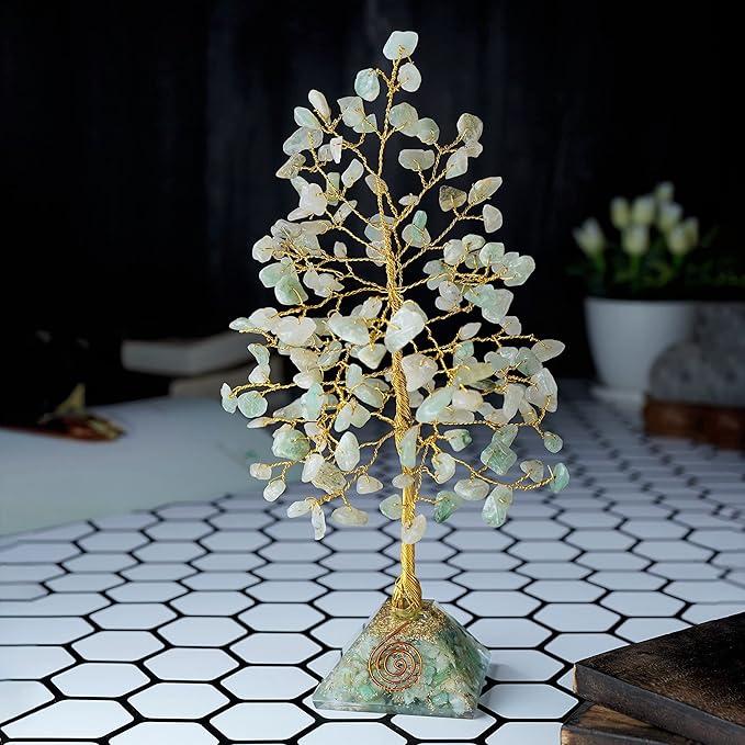 Green Jade Tree of Life - Jade Gemstone Pyramid Base, Crystal Tree for Positive Energy, Feng Shui, Good Luck, Green Healing Crystals, Chakra