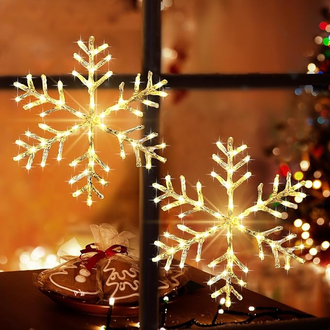 Christmas Window Snowflake Lights Decorations, Battery Operated Led Hanging Iron Lights, 8 Lighting Modes for Home Bedroom Indoor Outdoor Wall Holiday Decor (Warm White, 2 Pack)