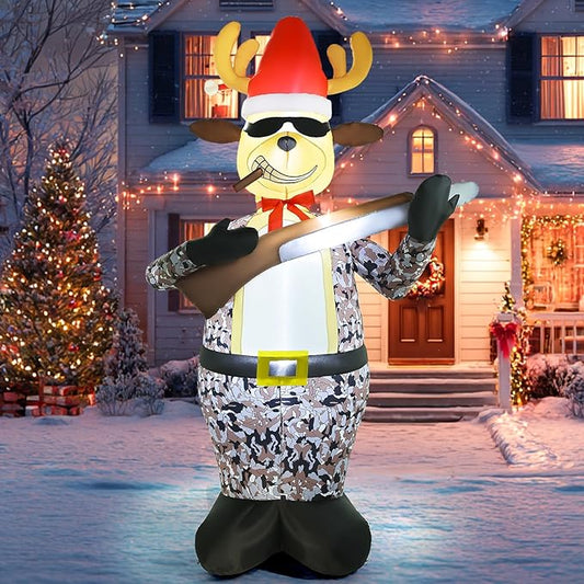 Christmas Inflatable Outdoor Decorations, 7FT Inflatables Camouflage Reindeer Yard Decor with Hat & Gun, LED Lights Blow up Giant Deer Holiday Decoration for Indoor Outside Lawn Garden Soldier Army