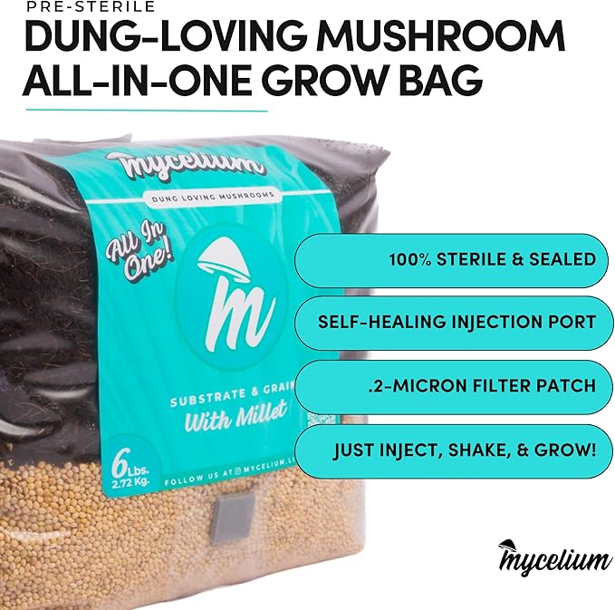 Mycelium 6 LB Mushroom Growing Kit | All-in-One CVG Substrate & Millet Grain | Grow Dung-Loving Mushrooms Like Magic Right in The Bag | Pre-Sterilized with Injection Port - Just Add Liquid Culture