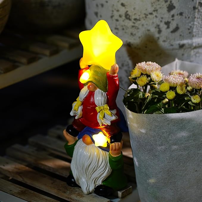 Solar Garden Gnomes Outdoor Statue with Solar Lights, 11" Figurine Lights Solar Garden Outdoor Decorations for Patio,Yard,Lawn Ornament，Mom Gift Unique Housewarming Gifts