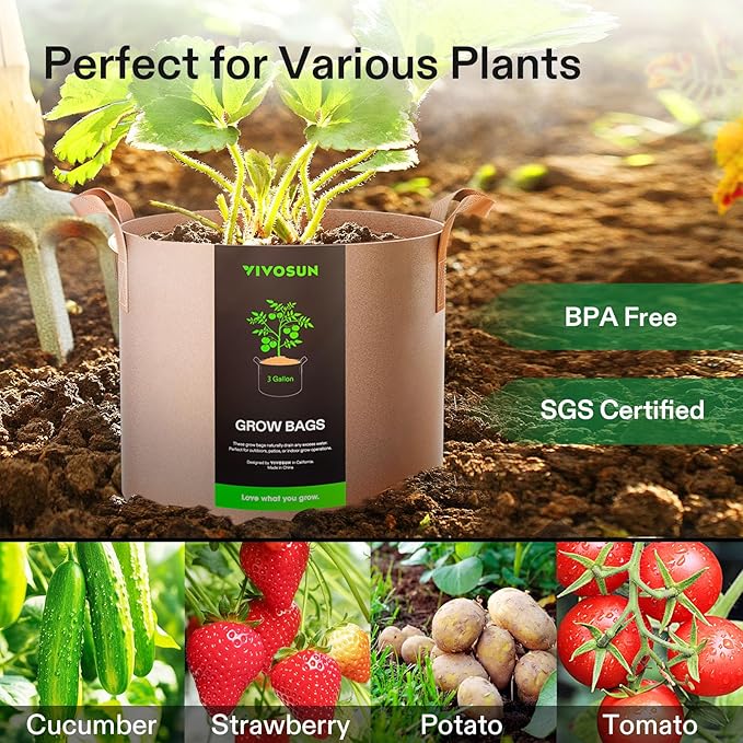 VIVOSUN 5-Pack 3 Gallons Grow Bags Heavy Duty Thickened Nonwoven Fabric Pots with Strap Handles Tan