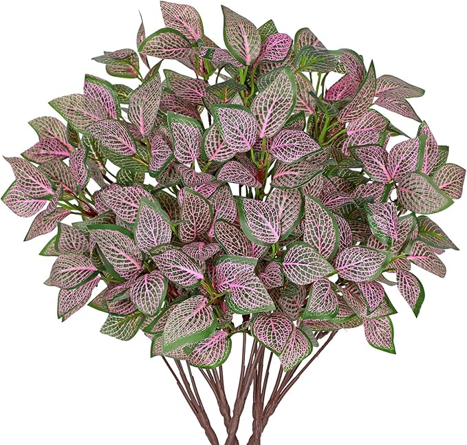 Hollyone 5 Bundles Artificial Greenery Plants Stems Faux Fittonia Leaves Plant Bouquet Fillers for Arrangement, Fake Shrub Bushes Plants for Home Centerpiece Indoor Outdoor Garden Patio Porch