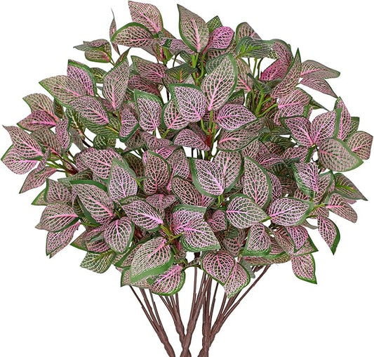 Hollyone 5 Bundles Artificial Greenery Plants Stems Faux Fittonia Leaves Plant Bouquet Fillers for Arrangement, Fake Shrub Bushes Plants for Home Centerpiece Indoor Outdoor Garden Patio Porch