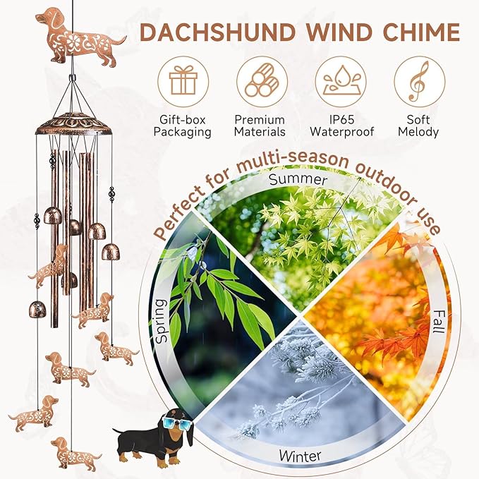 Dachshund Dog Wind Chimes for Outside,41" Metal Windchimes, Housewarming/Halloween/Festival Gifts for Women/Men, Pet Memorial Wind Chimes for Dogs, Dachshund Decor for Outside, Patio, Garden or Yard