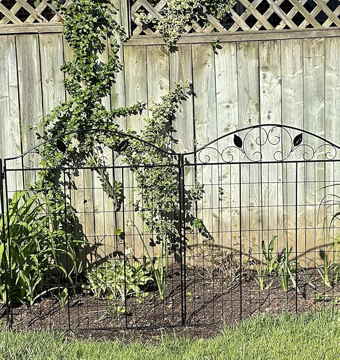 Black Coated Steel Decorative Garden Fence Panel 2 Leaves, 44" H 36‘’ W (Linear Length 12 feet) Metal Border Folding Fence Wire Border Fencing Folding Patio Flower Barrier Section Panel, Pack of 4