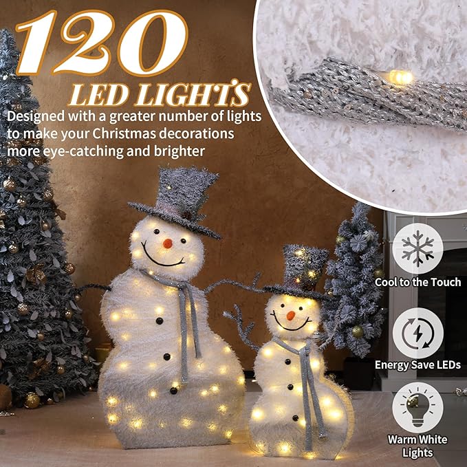 VINGLI 5ft Set of 2 Lighted Snowman Christmas Decorations, 2D Tinsel Snowmen with Top Hats, 80 Warm White LED Lights, Indoor Outdoor Xmas Yard Lawn Porch Holiday Decor