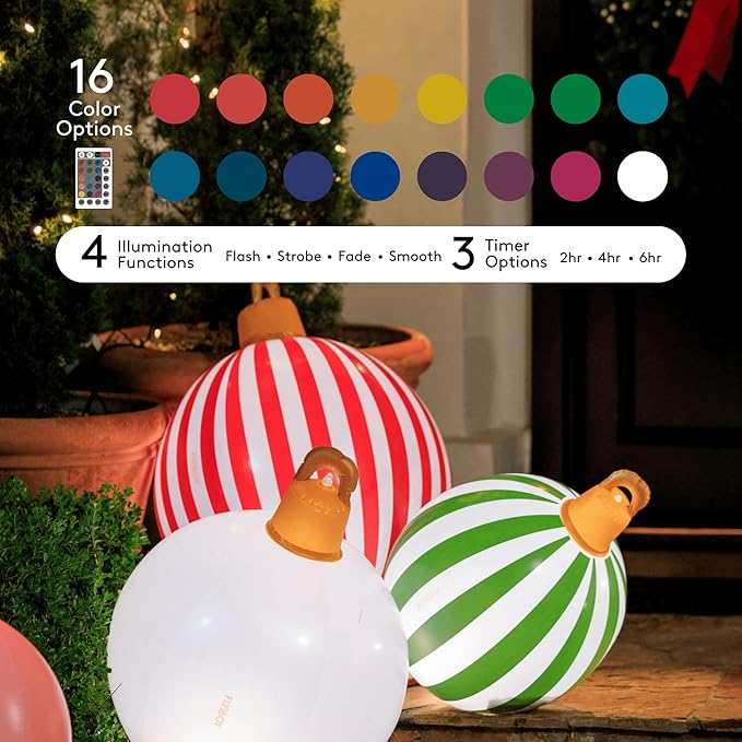FUNBOY Giant Inflatable Light-Up Classic Christmas Ornaments, 3 Giant Sizes 24'', 22'' and 16.5'' Indoor/Outdoor (3 Pack)