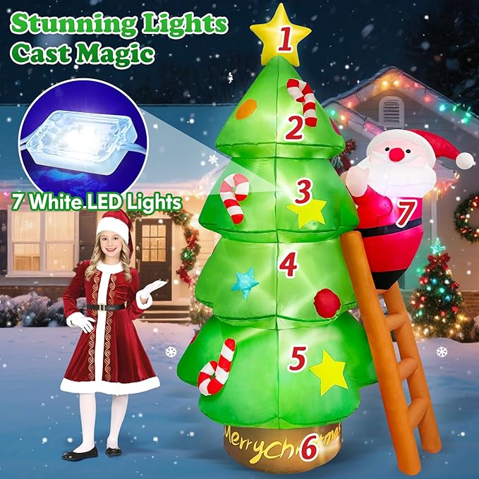 7 FT Tall Large Christmas Inflatables Santa Claus Tree Outdoor Decorations, Build-in LEDs Funny Xmas Blow Ups Yard Decoration for Winter Holiday Outside Garden Lawn Patio Indoor Party Inflated Decor