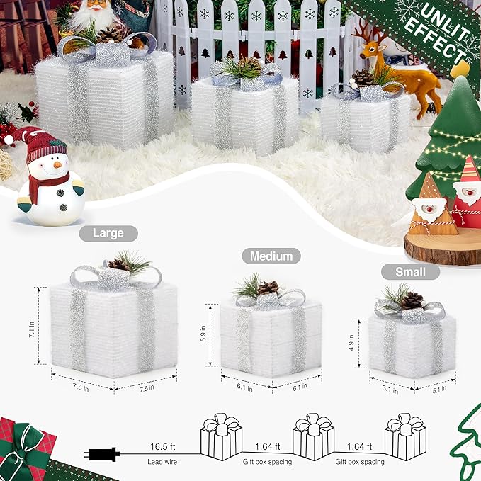 Set of 3 Christmas Lighted Gift Boxes,Outdoor Indoor Christmas Decorations,Plug-in 65 LED Light Up Present Boxes for Christmas Trees Indoor Outdoor Home Yard Lawn Holiday Birthday Party Decor